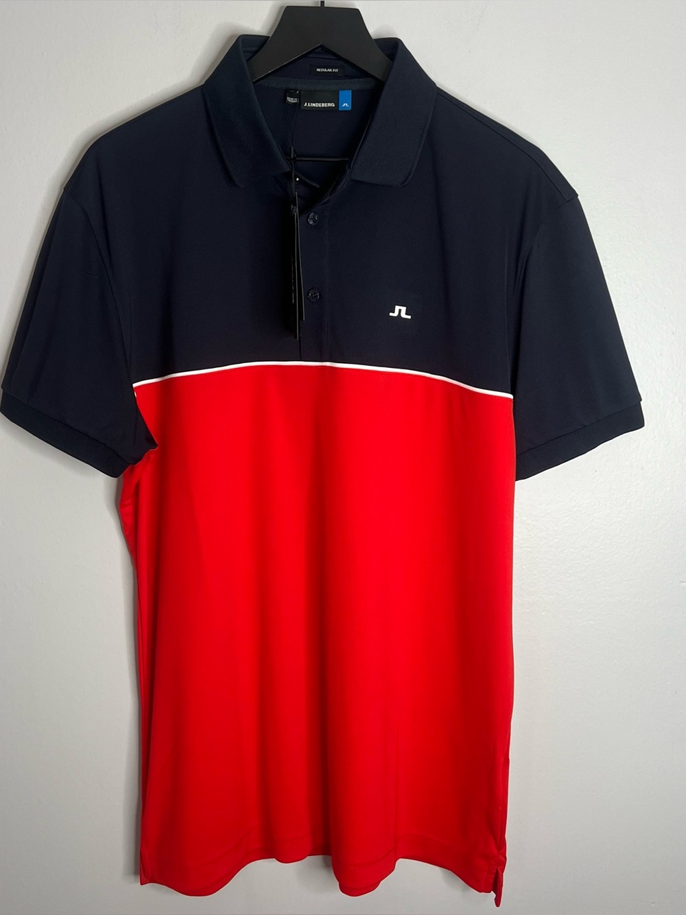 J. Lindeberg Brighton TX Jersey Golf Polo Shirt Mens XL Blue Red Regular Fit NWT